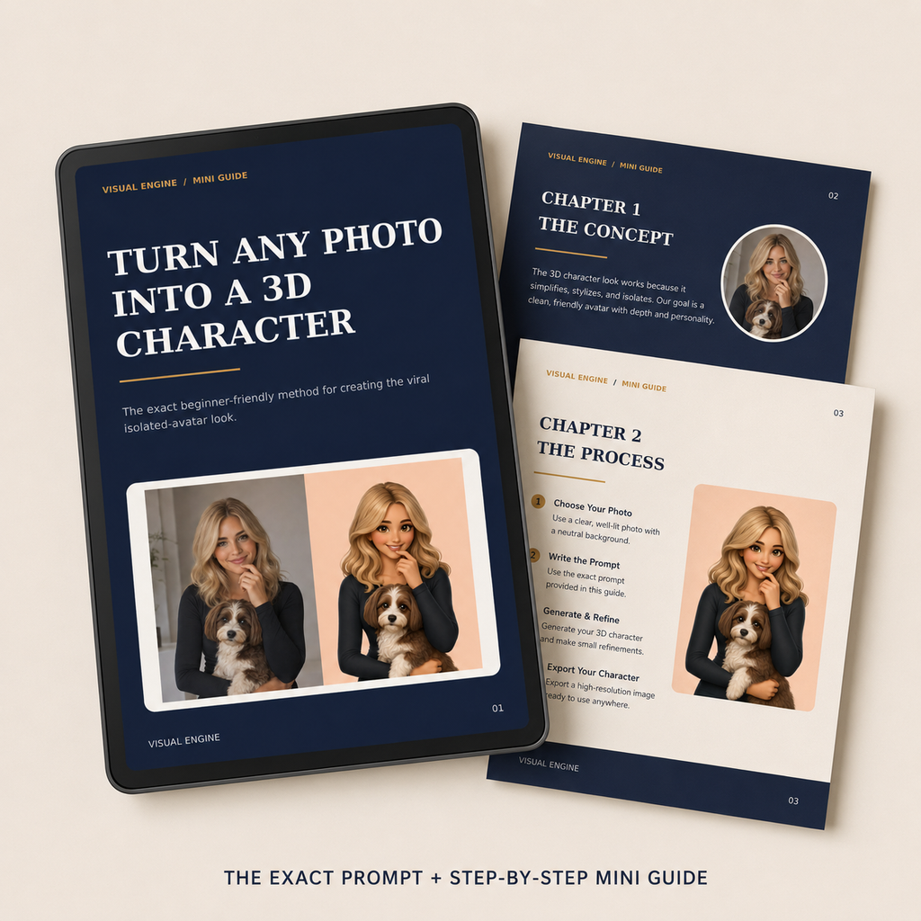A digital guide mockup showing a black tablet and printed pages with dark navy and white design, featuring the text 'TURN ANY PHOTO INTO A 3D CHARACTER' and 'THE EXACT PROMPT + STEP-BY-STEP MINI GUIDE' on a light beige background.