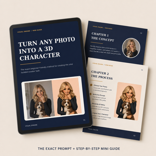 A digital guide mockup showing a black tablet and printed pages with dark navy and white design, featuring the text 'TURN ANY PHOTO INTO A 3D CHARACTER' and 'THE EXACT PROMPT + STEP-BY-STEP MINI GUIDE' on a light beige background.