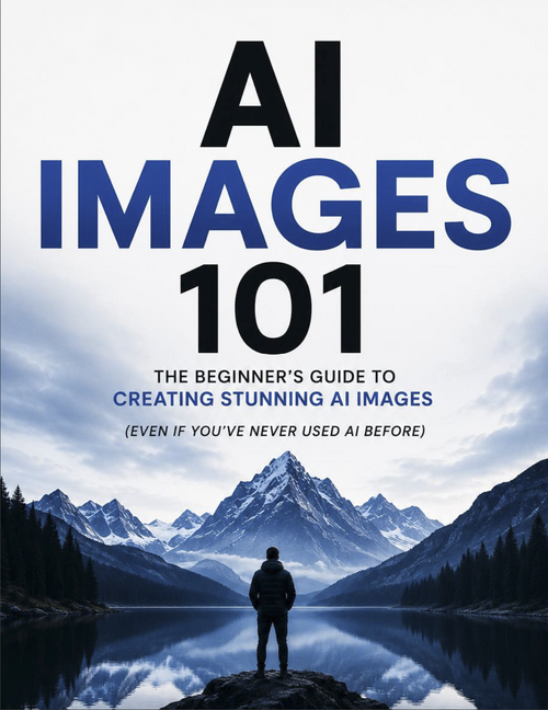 Book cover for 'AI Images 101: The Beginner's Guide to Creating Stunning AI Images' featuring a dramatic mountain landscape with a lone figure standing by a reflective lake under a cloudy sky.